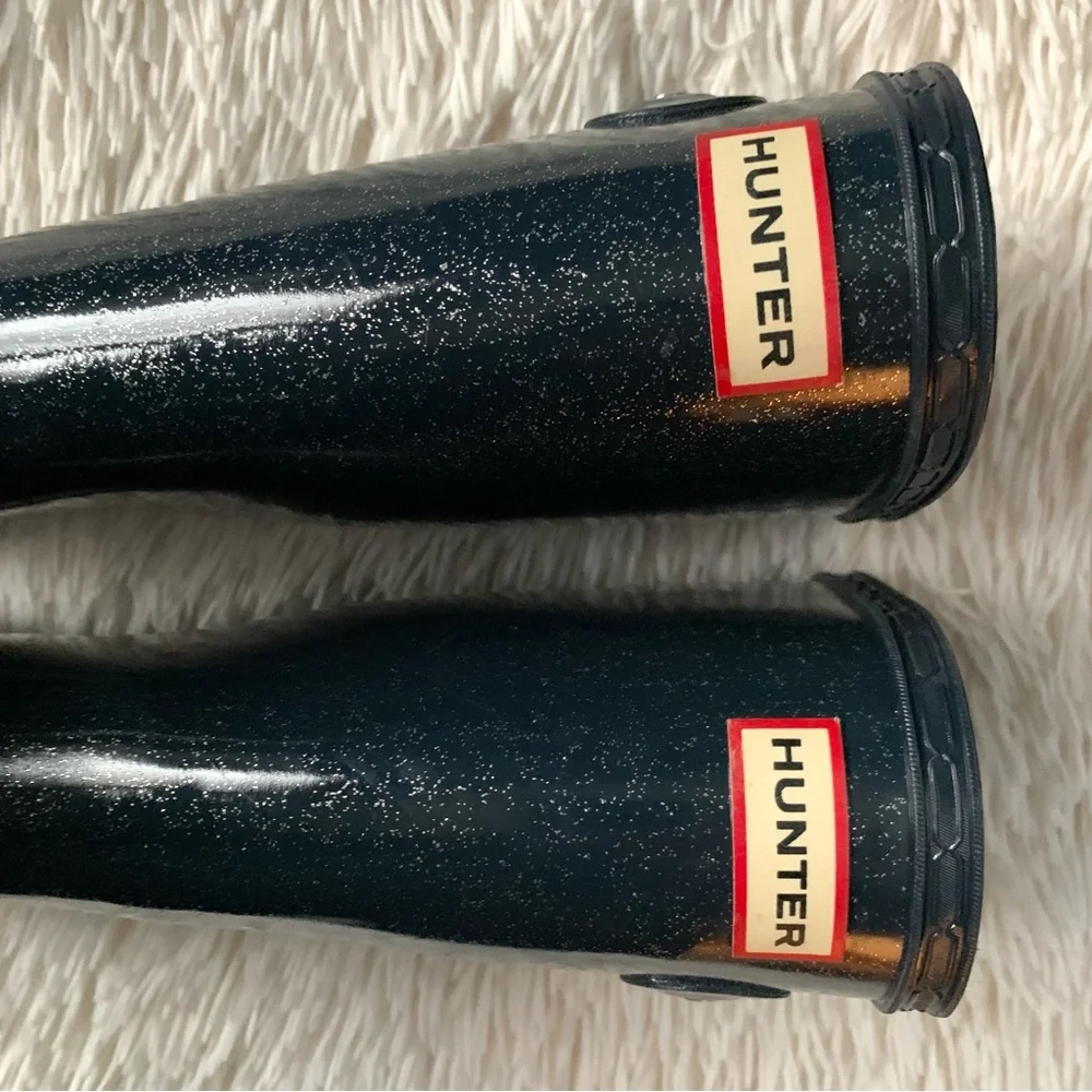 Hunter Navy Blue w Silver Sparkly Glitter Tall Rain Boots EUC
